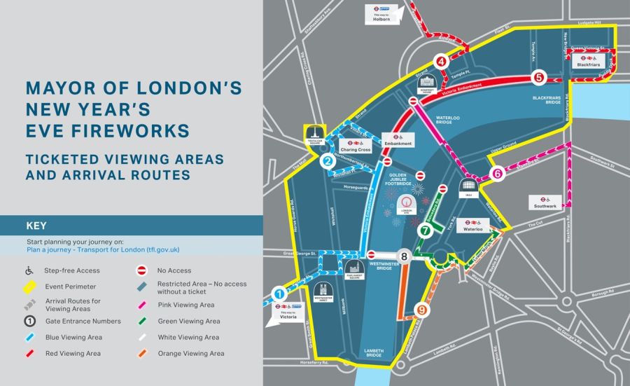 Mapa fuegos artificiales Nochevieja Londres
