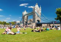 Vista del Tower Bridge desde una zona verde junto al río.