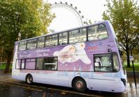 El autobús del Snowman™ Afternoon Tea Bus aparcado junto al London Eye.