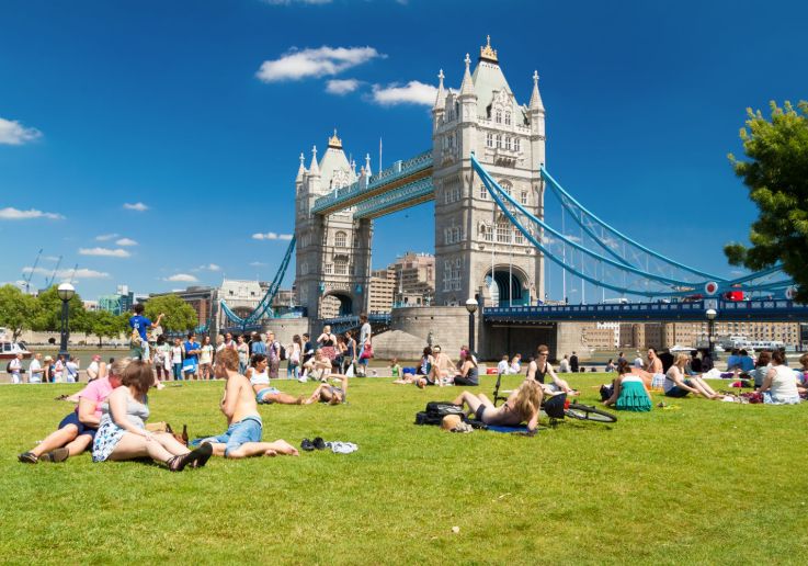 Vista del Tower Bridge desde una zona verde junto al río.