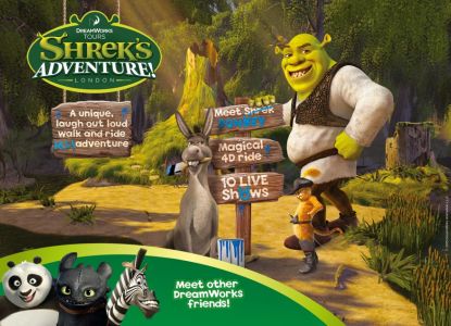 Imagen oficial de la atracción con Shrek, Asno y otros personajes de DreamWorks.