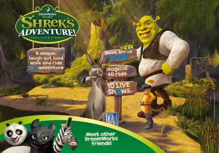 Imagen oficial de la atracción con Shrek, Asno y otros personajes de DreamWorks.